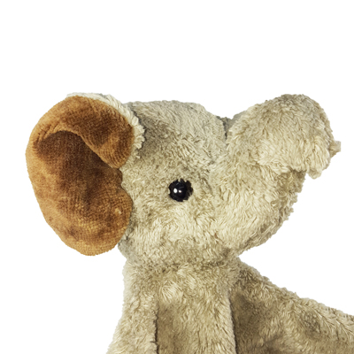 Kallisto hand puppet elephant grey, close-up of the face with a brown ear and a grey trunk