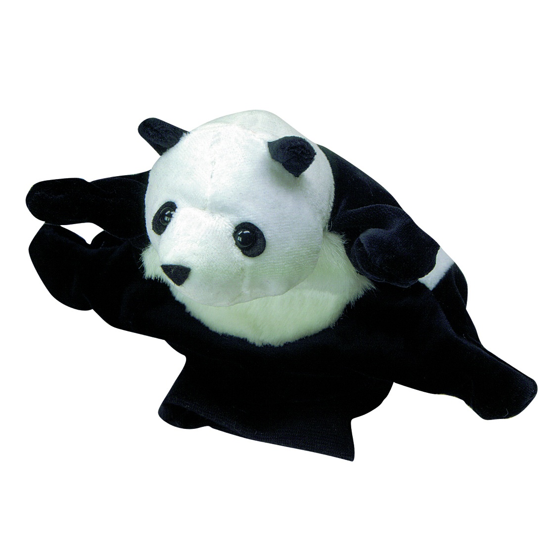 Beleduc hand puppet panda with black and white fur and the typical eye markings, lying pose