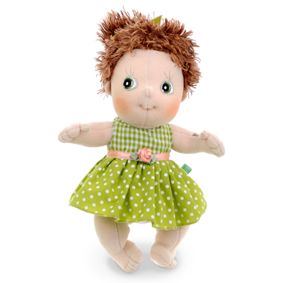 Rubens Cutie doll Karin with brown tousled hair and a green dotted dress with little rose