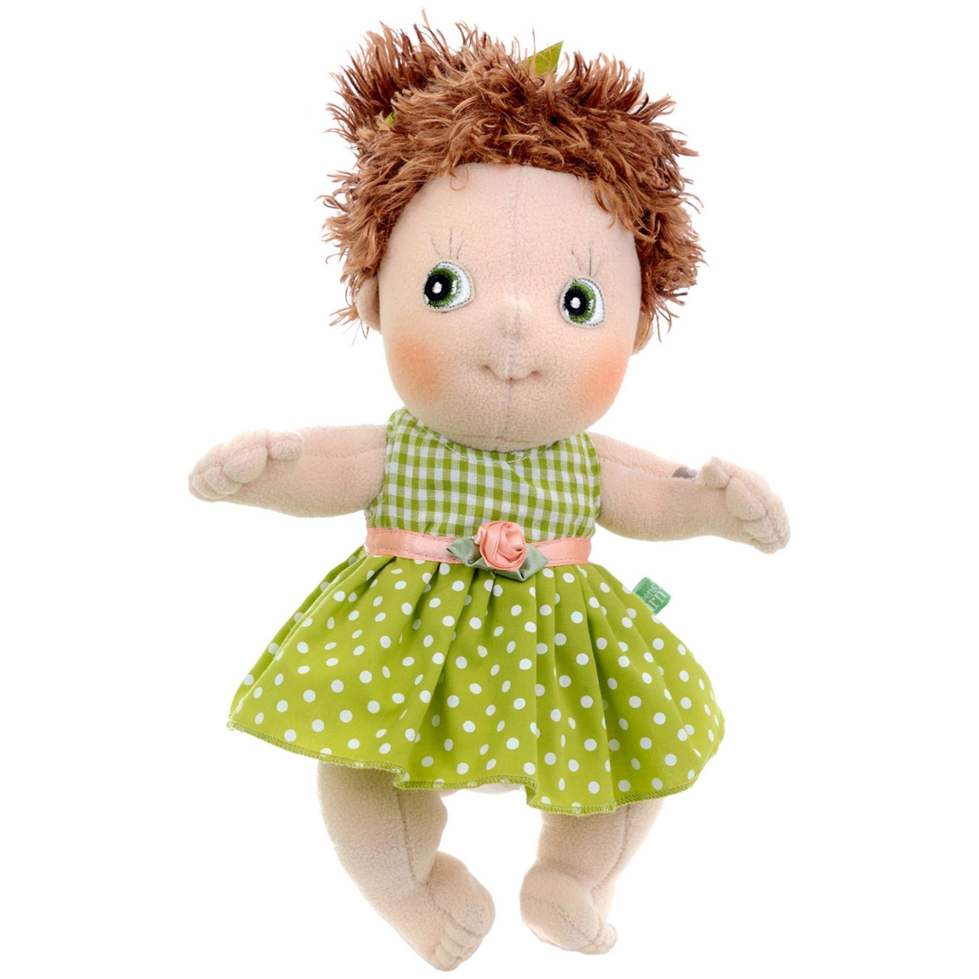Rubens Cutie Puppe Karin mit braunem Wuschelhaar und grünem Punktekleid mit Röschen
