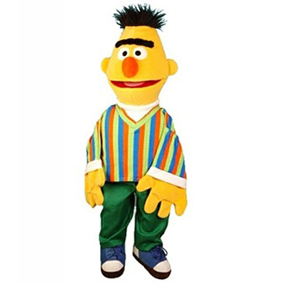 Living Puppets hand puppet Little Bert from Sesame Street with a yellow head, black eyebrow and colourful striped jumper