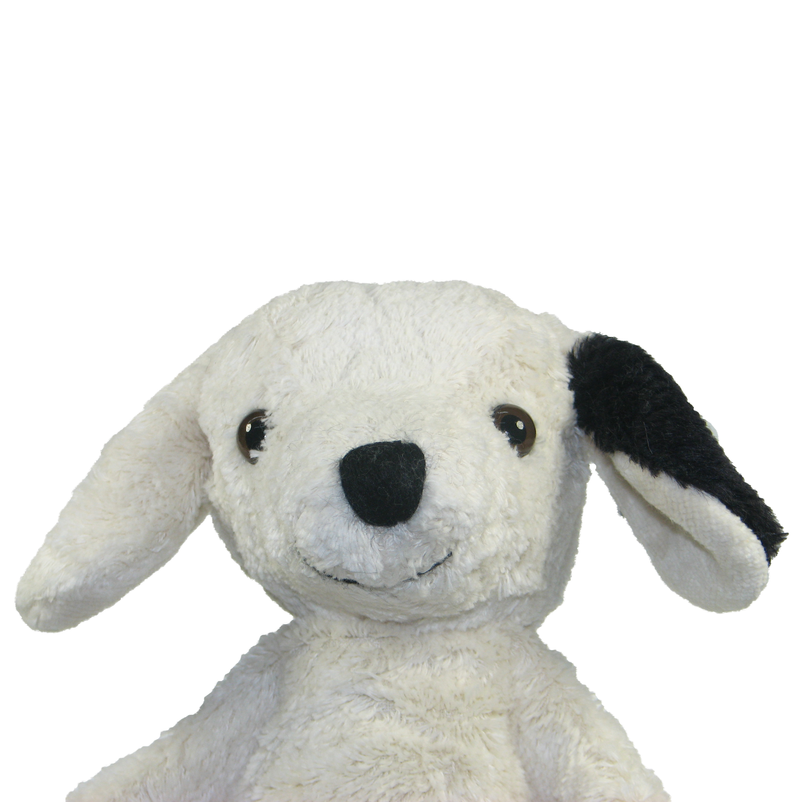 Kallisto Handpuppe Hund Bello, Porträt mit einem schwarzen Schlappohr, dunklen Knopfaugen und cremeweißem Fell