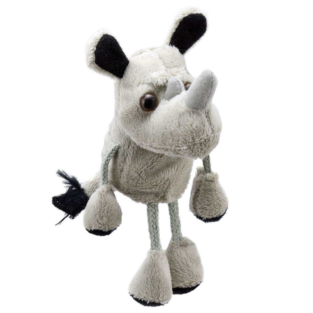 The Puppet Company Fingerpuppe Nashorn, graue Puppe mit schwarzen Ohren, Horn und langen Stoffbeinen