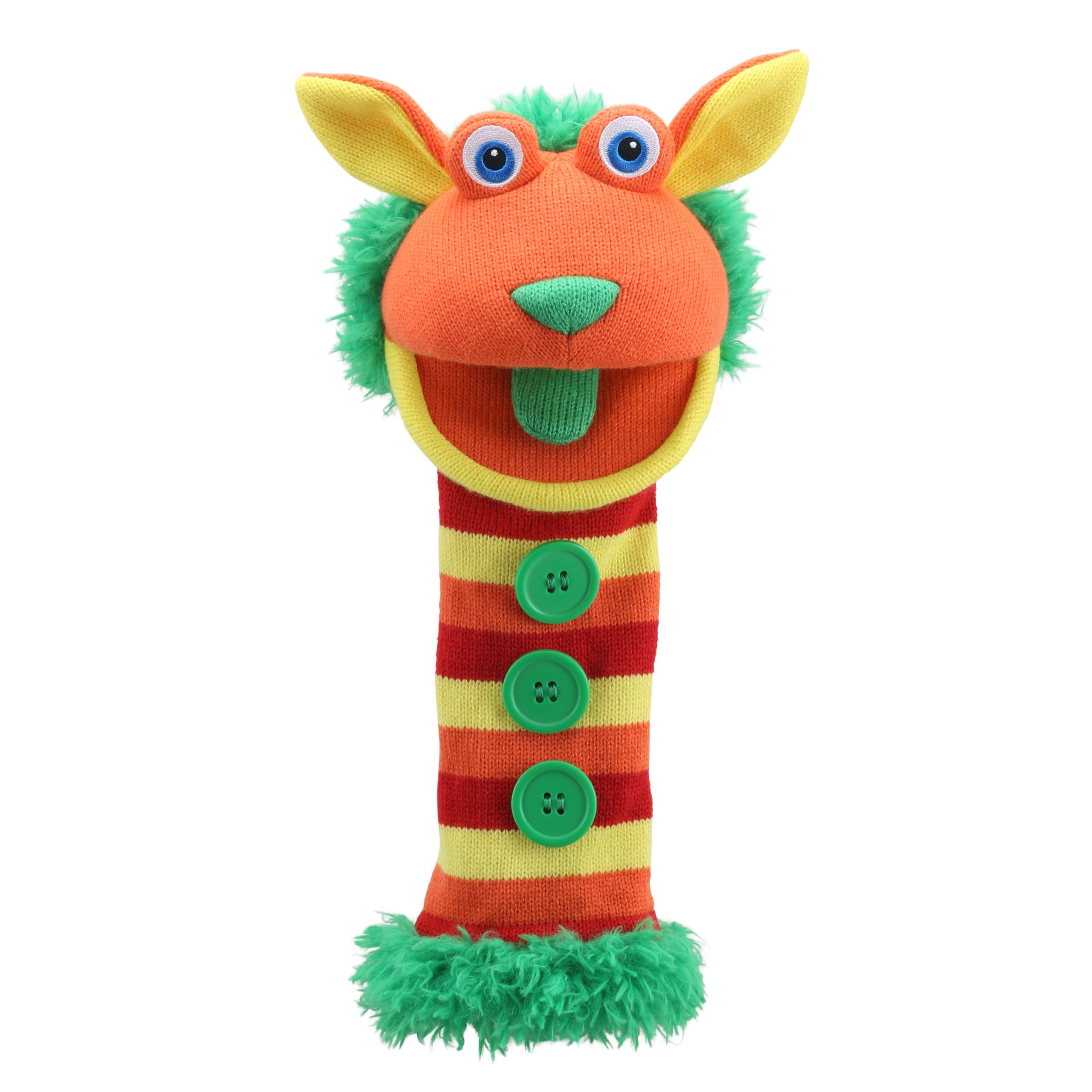 The Puppet Company sock puppet Buttons, orange monster with a curly green mane and a red and orange striped body with green buttons