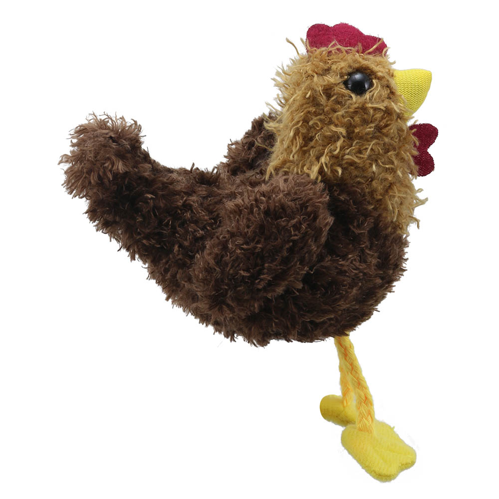 The Puppet Company Fingerpuppe Huhn, braune zottelige Fingerpuppe mit ausgebreitetem Flügel, Seitenansicht