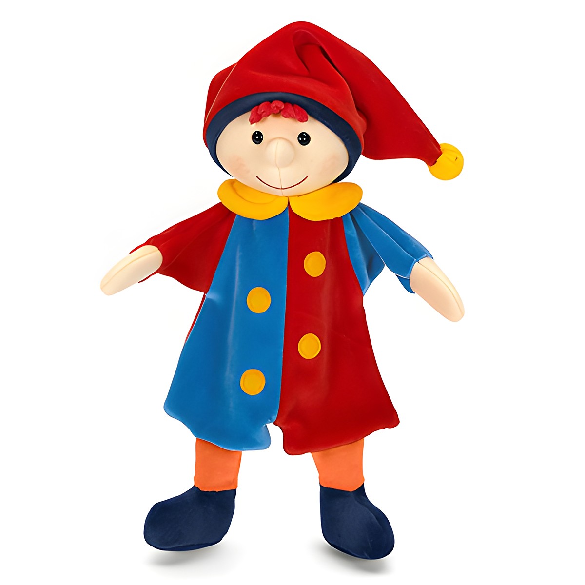 Sterntaler Baby-Handpuppe Kasper, rote Zipfelmütze mit Glöckchen und blau-roter Anzug mit gelben Knöpfen