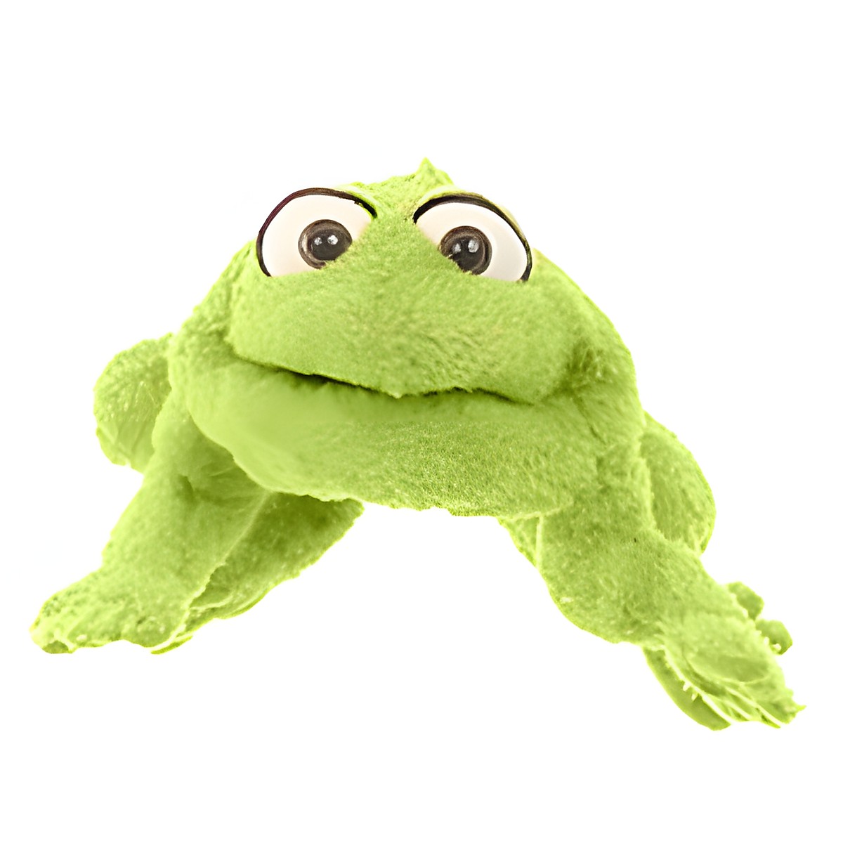 Living Puppets Handpuppe Kleiner Rolf der Frosch mit hellgrünem Fell und großen Augen, geduckt in Frontansicht