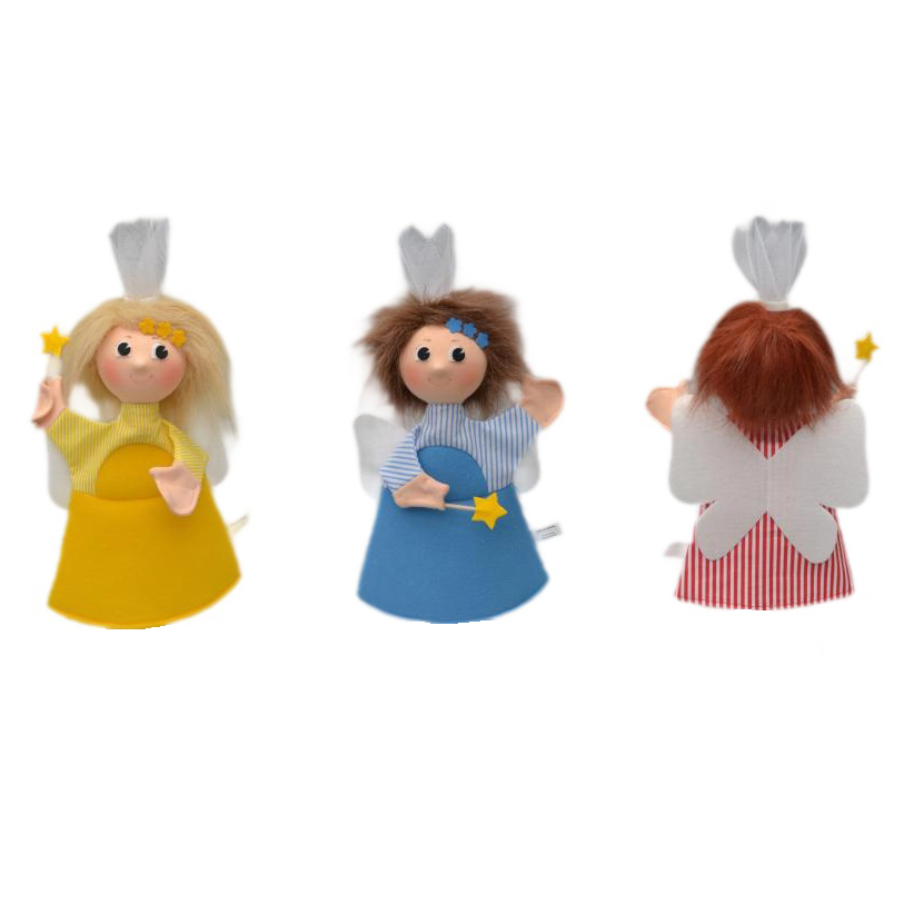 Four-piece Punch and Judy hand puppet set by munabo, the three fairy helpers shown separately in yellow, blue and red with white wings.