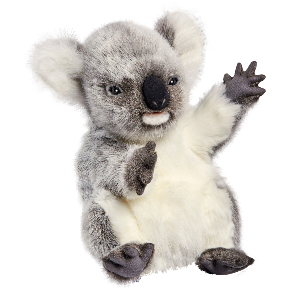 Koala Handpuppe von Hansa Creation mit grauem Fell, weißer Brust und schwarzer Knopfnase, winkend