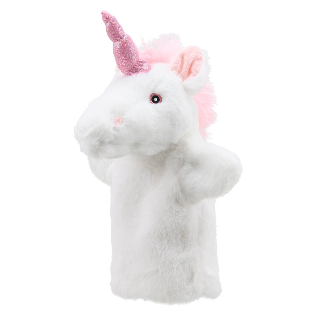 The Puppet Company hand puppet unicorn, front view with a pink mane at the back of the head