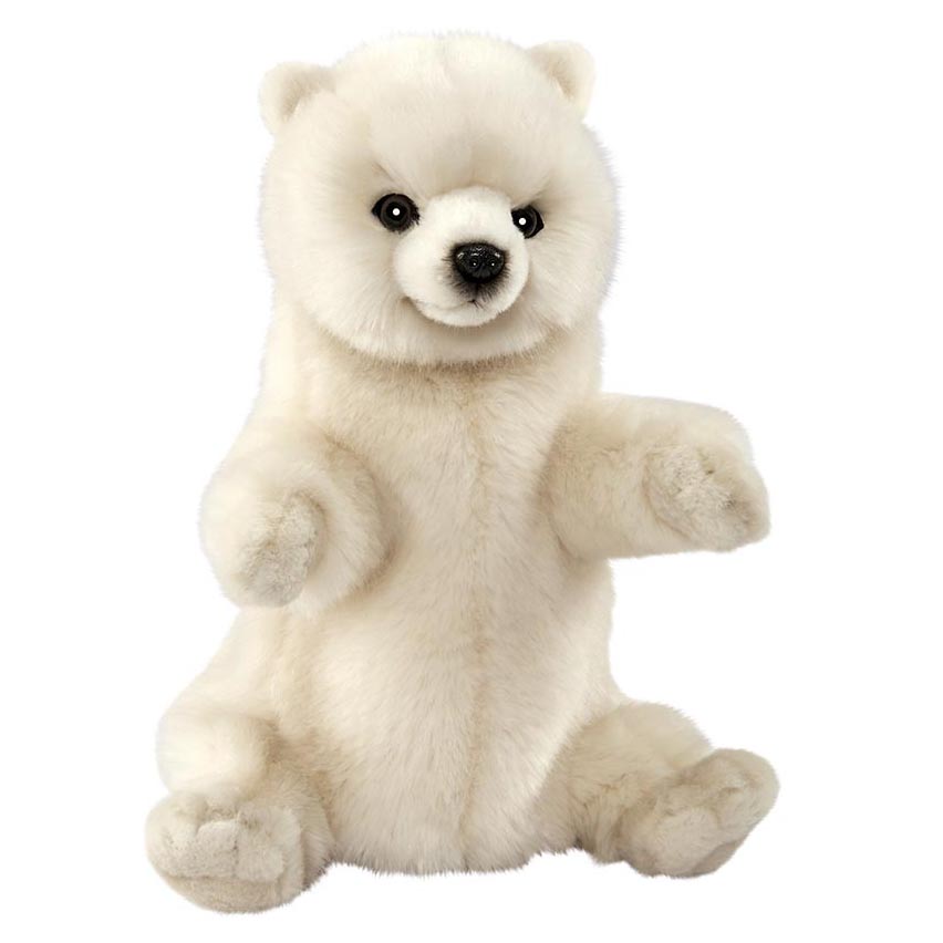 Eisbär Handpuppe von Hansa Creation mit cremeweißem Plüschfell und dunklen Knopfaugen