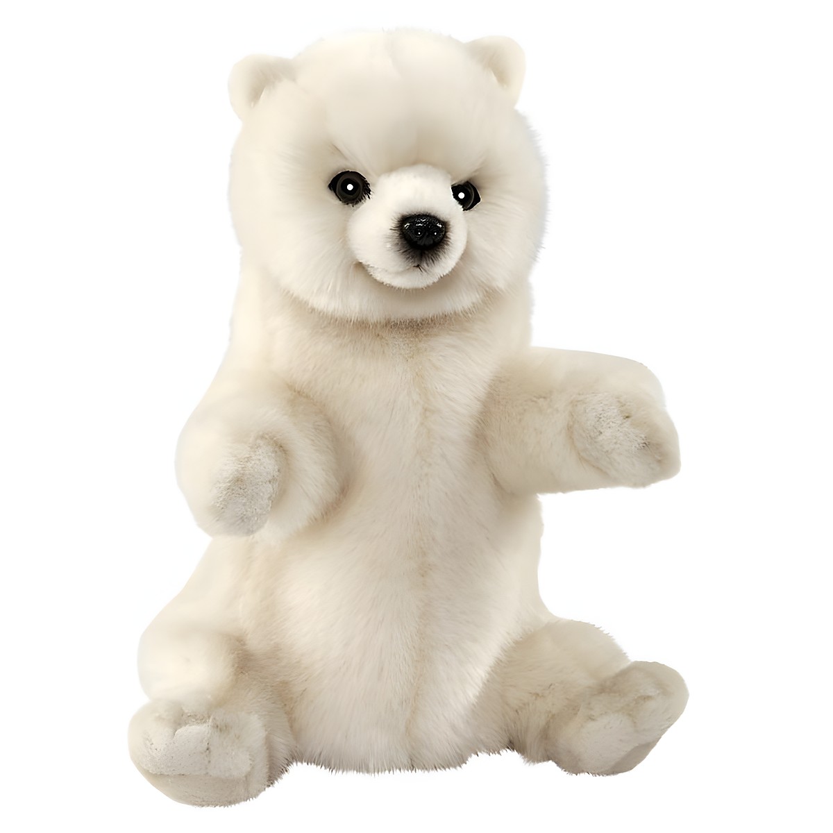 Eisbär Handpuppe von Hansa Creation mit cremeweißem Plüschfell und dunklen Knopfaugen