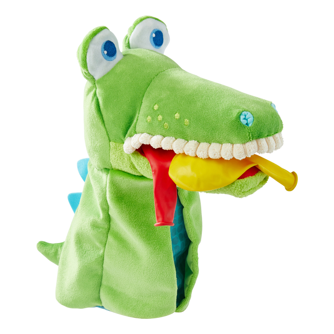 HABA baby hand puppet crocodile Allesfresser, yellow-and-red toy poking out of the open mouth