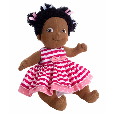 Rubens Kids doll Lollo with black curls and a pink patterned ruffled dress