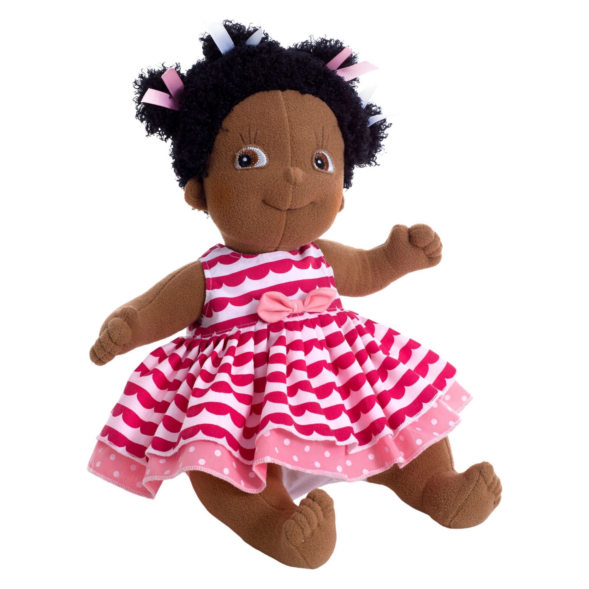 Rubens Kids Puppe Lollo mit schwarzen Löckchen und pink gemustertem Rüschenkleid