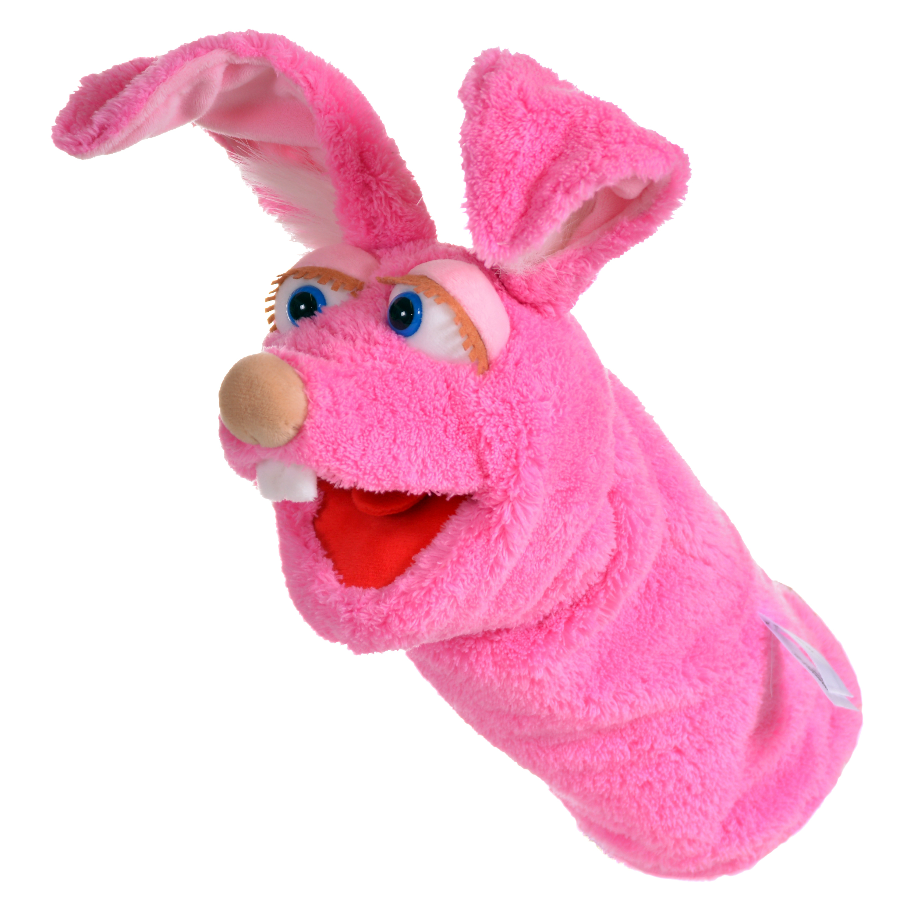 Living Puppets sock puppet Mampfine the rabbit, pink with long ears and buck teeth, side view
