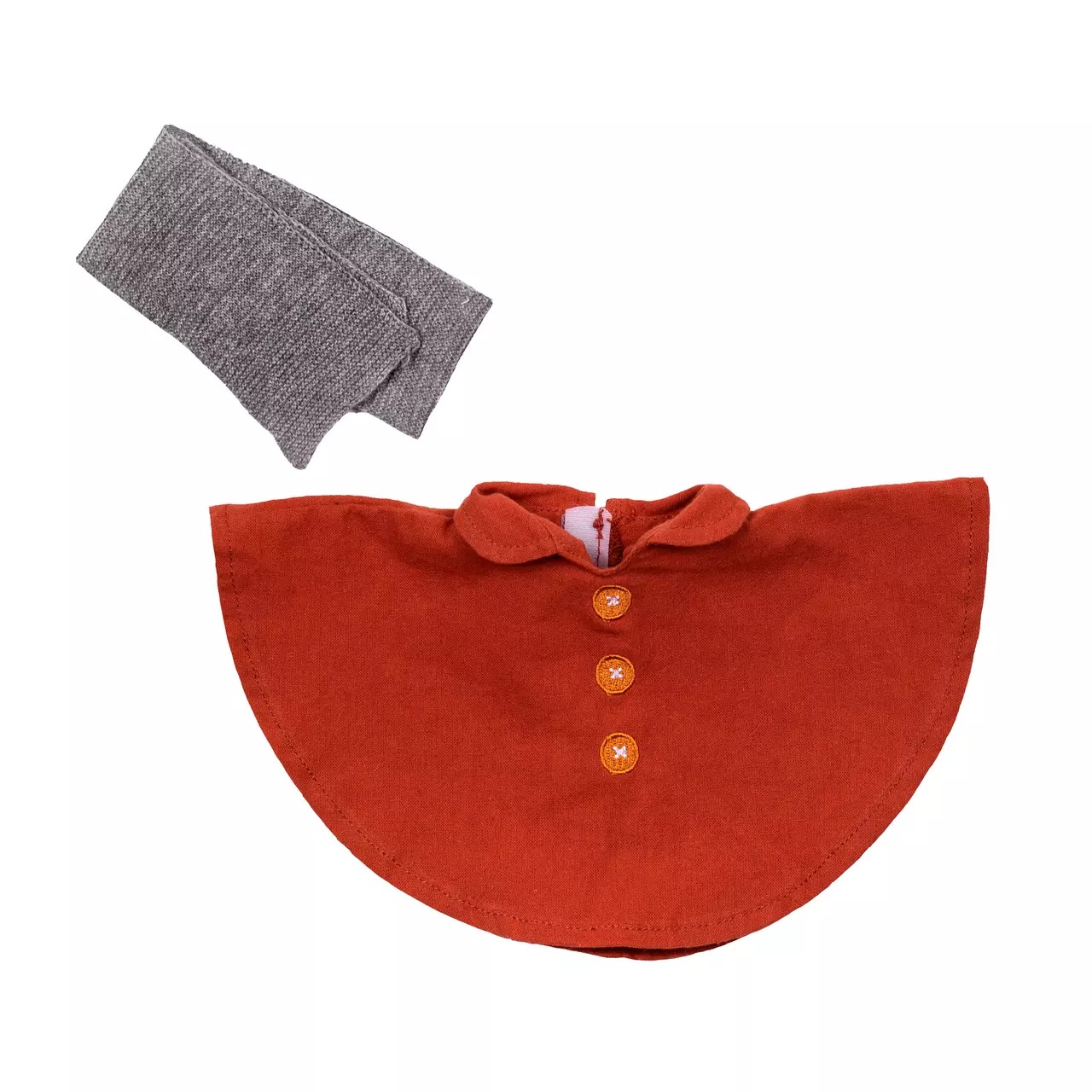 Autumn outfit for Rubens EcoBuds: rust-red poncho with buttons and grey scarf