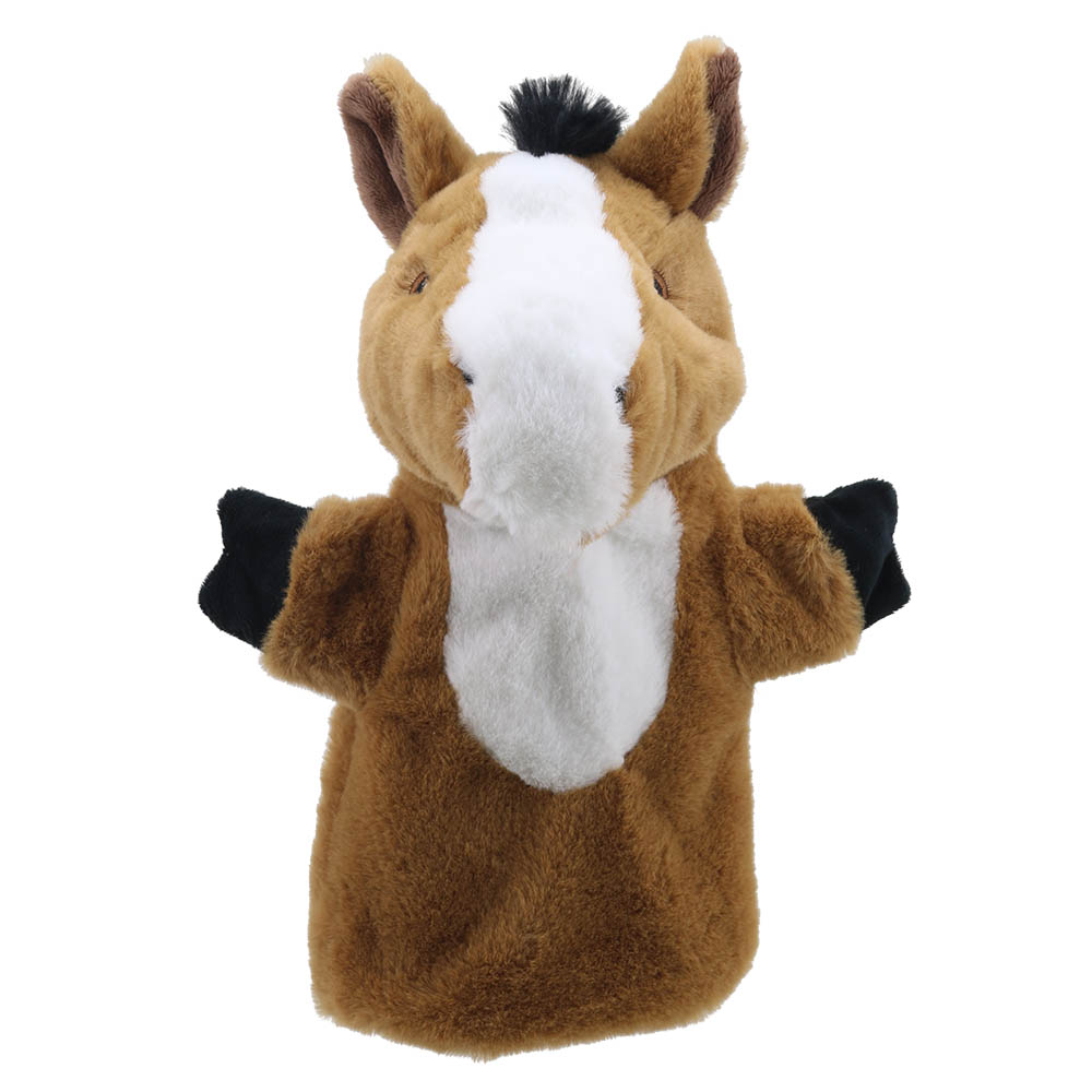 The Puppet Company Baby-Handpuppe Pferd, braunes Pferd mit weißer Blesse und schwarzen Hufen als Hand-Applikationen