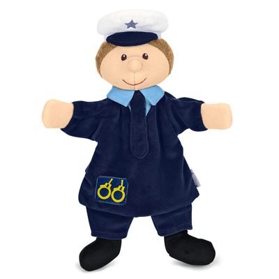 Sterntaler baby hand puppet police officer, white cap with a blue star, navy uniform and a handcuffs emblem