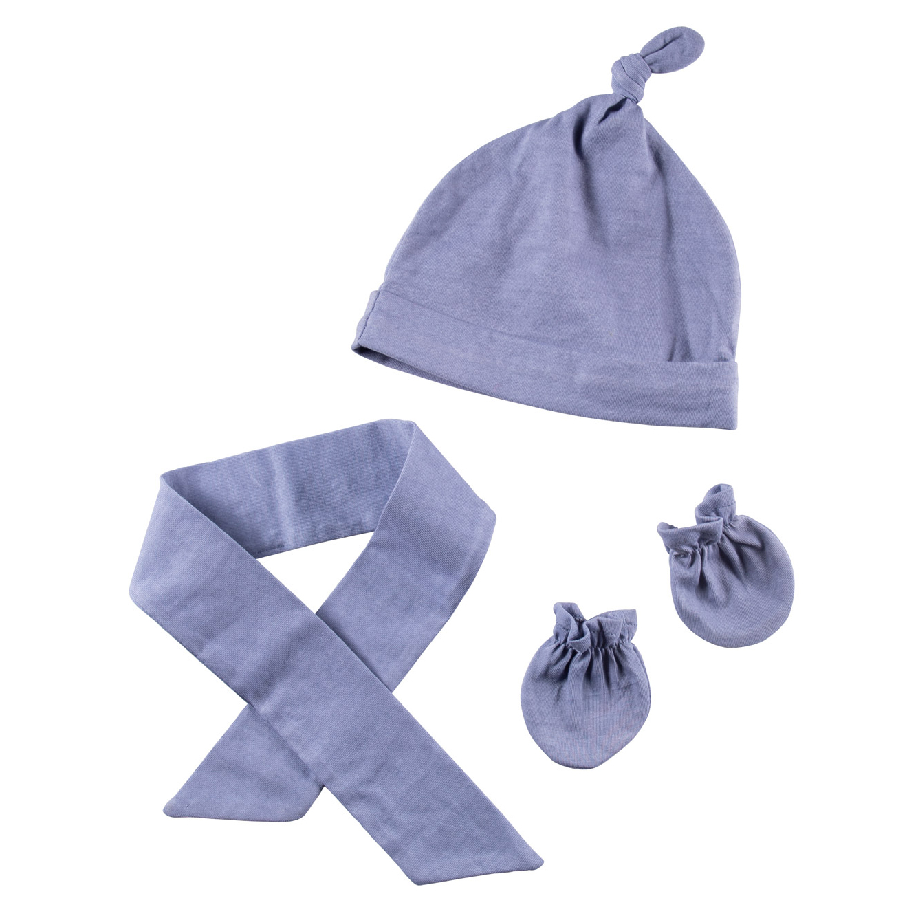 Joyk Kleiderset Denim-Look: Knotenmütze, Schal und Handschuhe in Blaugrau