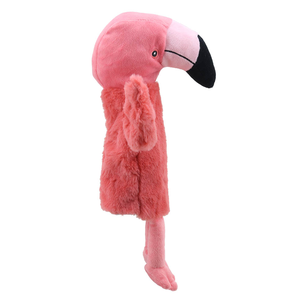 The Puppet Company Baby-Handpuppe Flamingo, Nahaufnahme des Kopfes im Profil mit rosa-weißem Schnabel