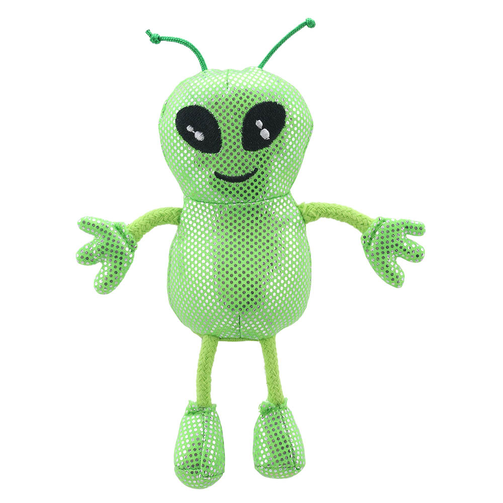 The Puppet Company Fingerpuppe Außerirdischer, grüne glitzernde Fingerpuppe mit großen Augen und Fühlern