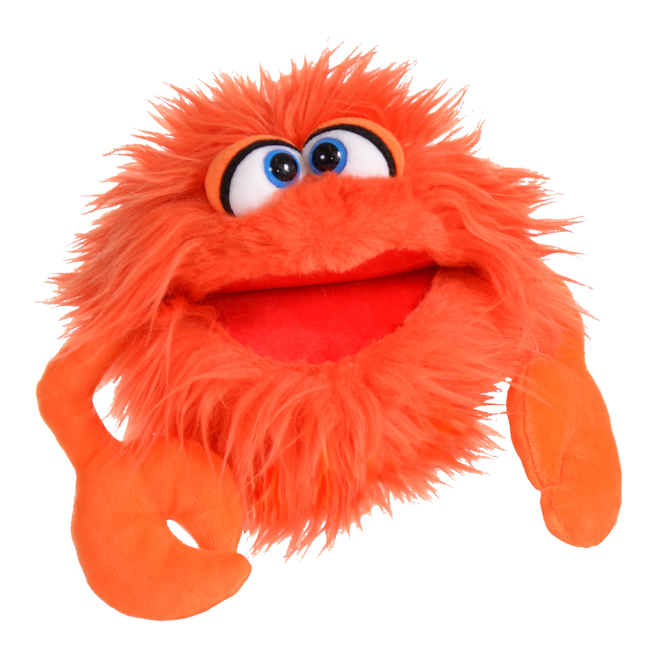 Living Puppets Handpuppe Krabbe Knipser mit orangefarbenem Zottelfell, blauen Augen, zwei Scheren und weit geöffnetem Mund, Frontalansicht