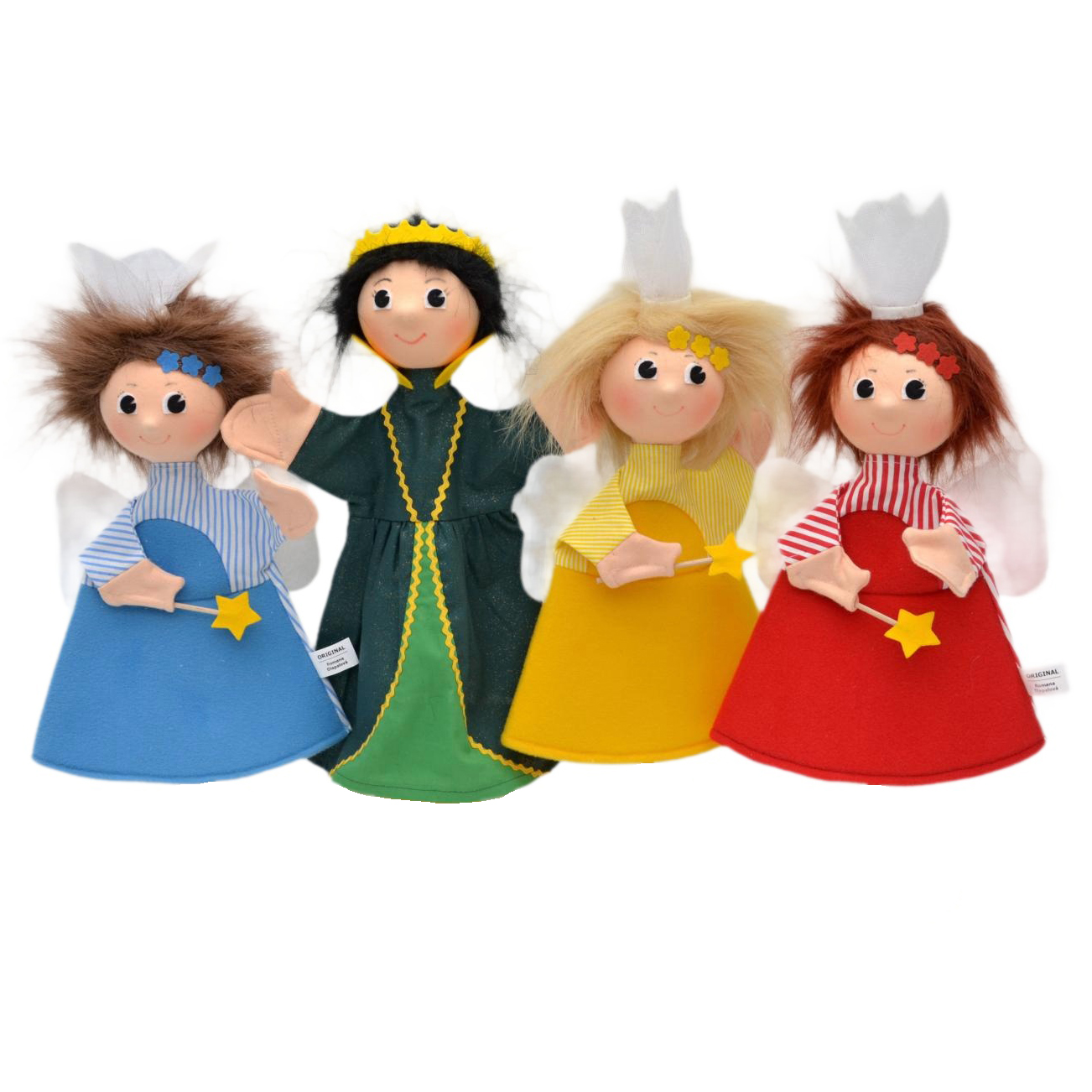 Four-piece Punch and Judy hand puppet set by munabo, showing three fairies in blue, yellow and red beside a green-robed queen.