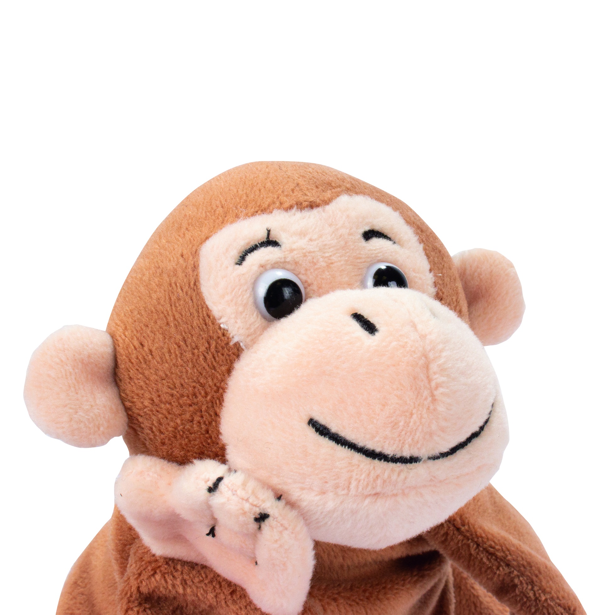 Beleduc hand puppet monkey, close-up of the head with a light-coloured face and brown fur