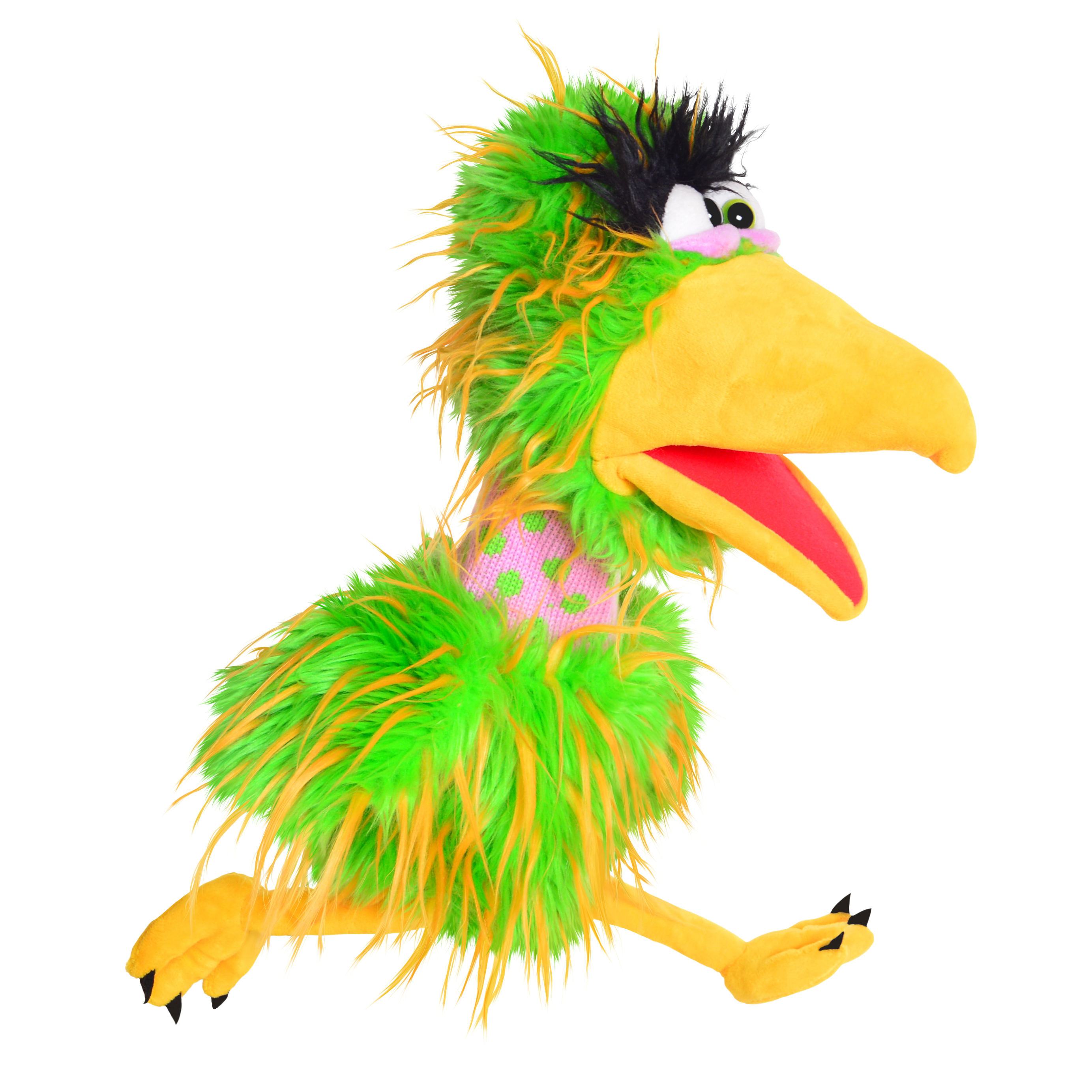 Living Puppets Handpuppe Enno Eagle: grüner Zottelvogel mit großem gelbem Schnabel