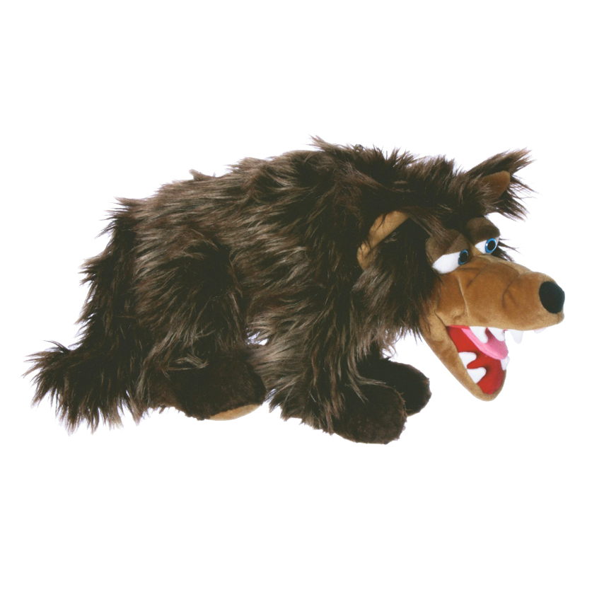 Living Puppets hand puppet Rasputin the wolf with dark brown shaggy fur and a wide open mouth with white teeth, crouching, side view