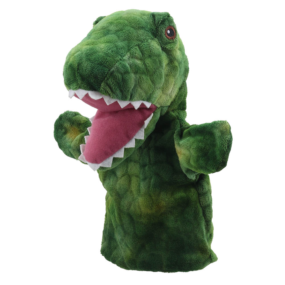 The Puppet Company Dinosaurier-Handpuppe T-Rex, grüner Dinosaurier mit schuppiger Struktur, Nahaufnahme