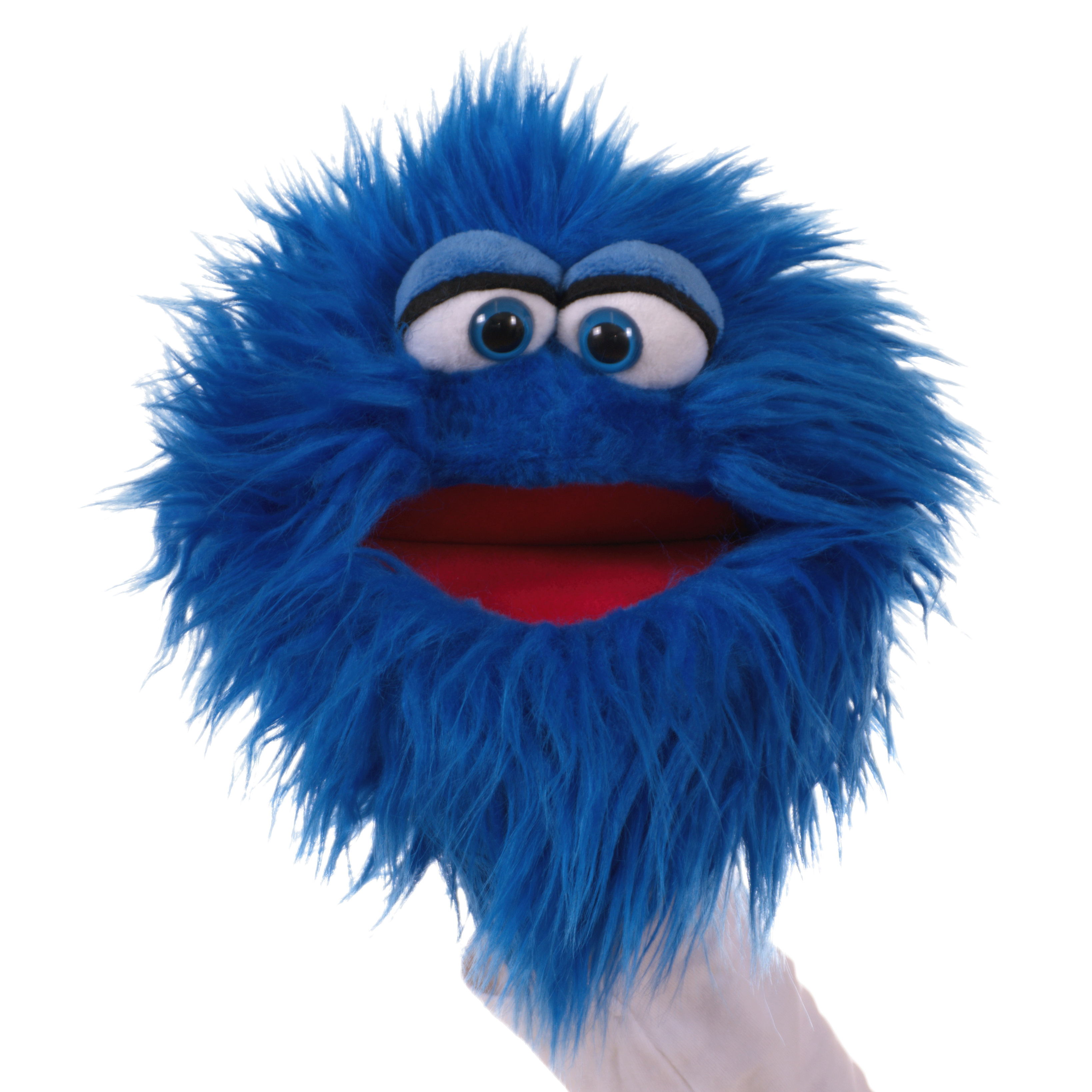 Living Puppets Handpuppe Quackelfritze, blaues Zottelmonster mit blauen Augen und geöffnetem rotem Mund, Frontalansicht