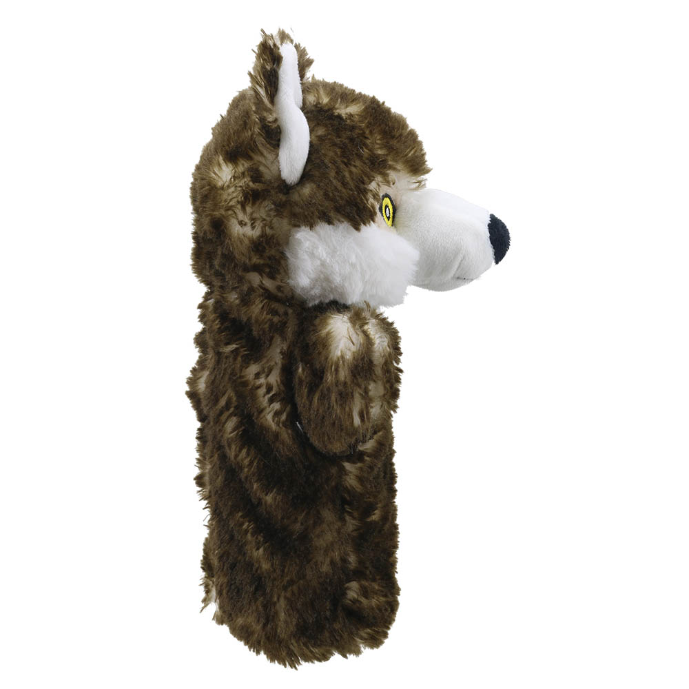 The Puppet Company baby hand puppet wolf, grey-brown wolf with a white muzzle, side view from the other side
