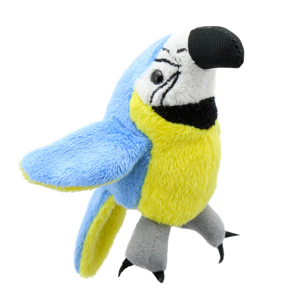 The Puppet Company finger puppet blue and gold macaw, blue and yellow parrot with a black beak