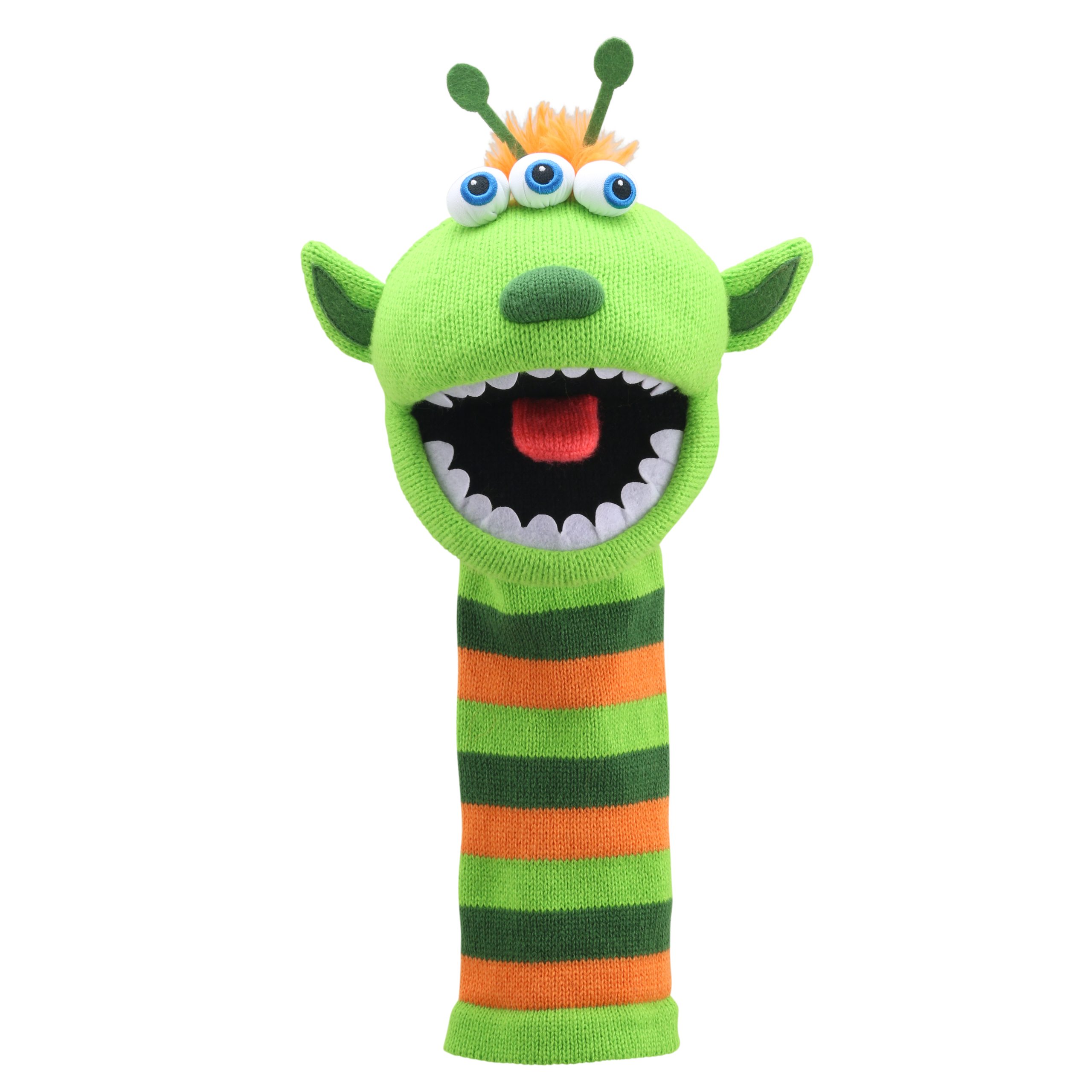 The Puppet Company Sockenhandpuppe Narg, grünes Alien-Monster mit drei Augen, Fühlern und spitzen Zähnen