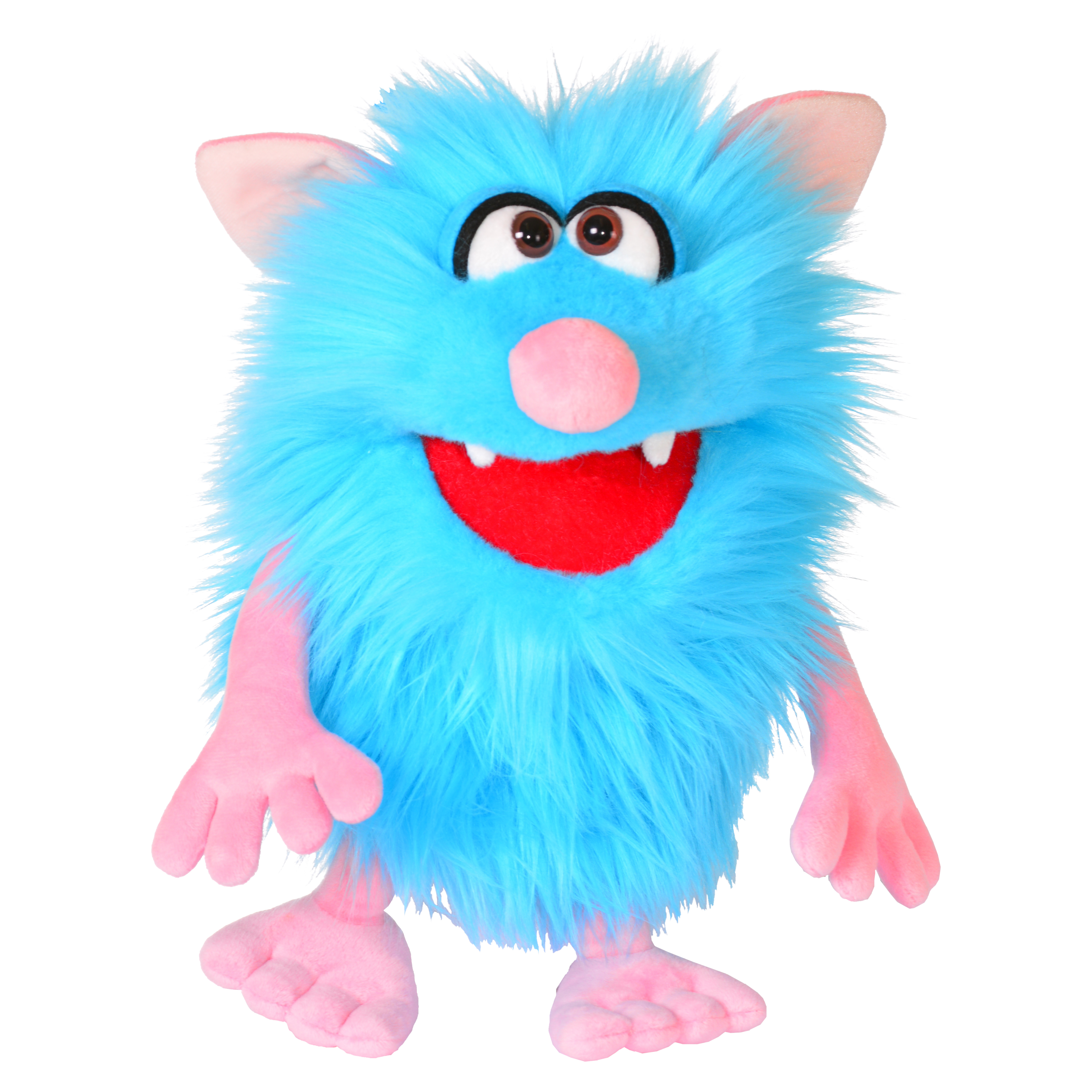 Living Puppets Handpuppe Schorsch aus der Serie Monster to go, hellblaues Zottelmonster mit rosa Ohren, Händen und Füßen und geöffnetem rotem Mund