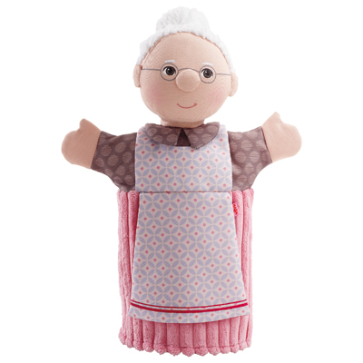 HABA baby hand puppet grandma, with white hair bun, glasses, brown blouse and pink patterned apron