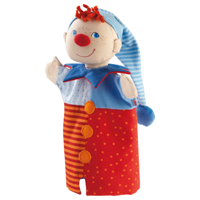 HABA baby hand puppet Kasper, with red nose, red hair, blue striped nightcap and red-orange costume