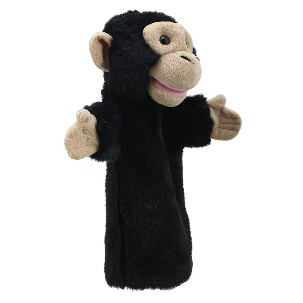 The Puppet Company Baby-Handpuppe Schimpanse, schwarze Affen-Handpuppe mit ausgestreckten Armen, Nahaufnahme