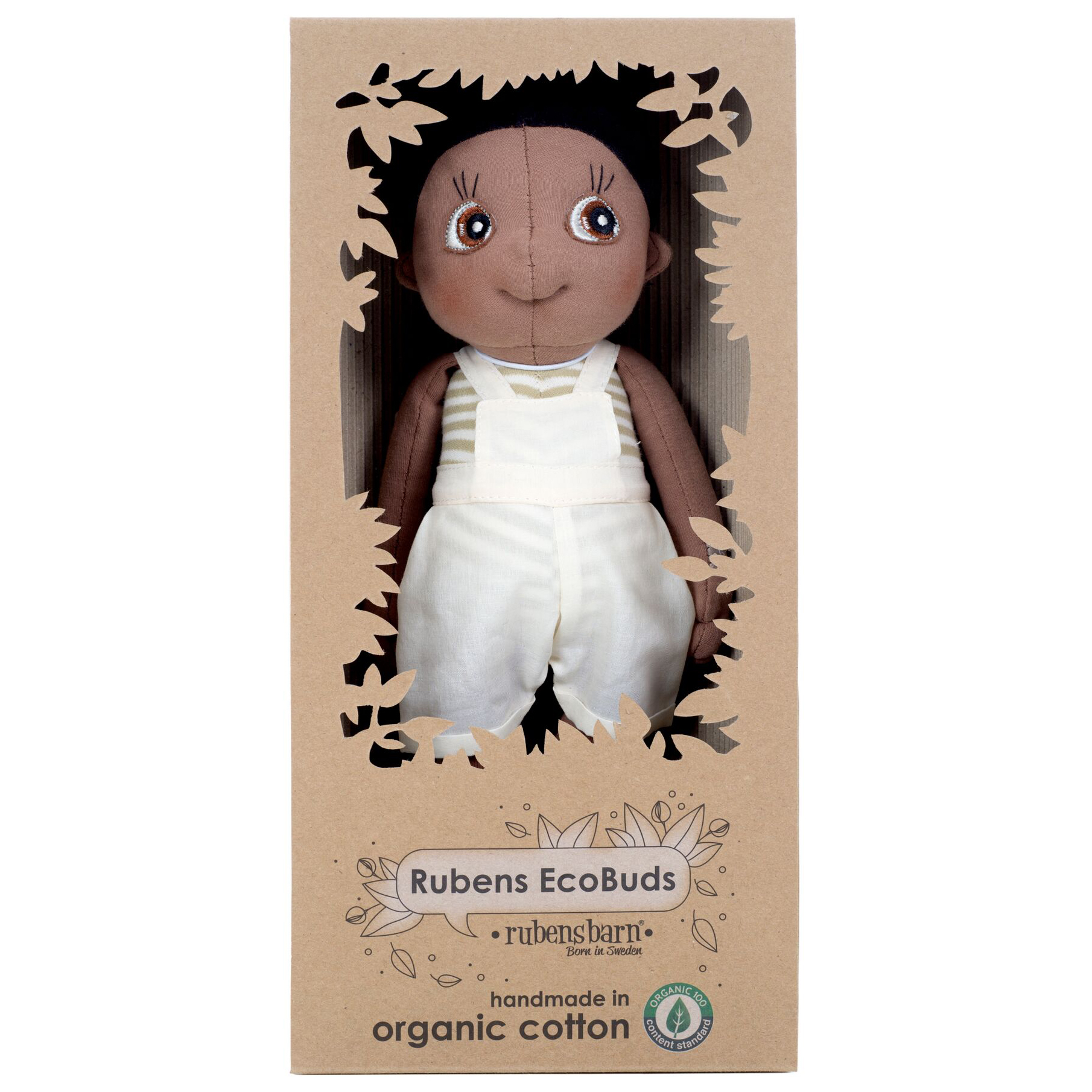Rubens EcoBuds doll Fern in the natural cardboard packaging made of organic cotton