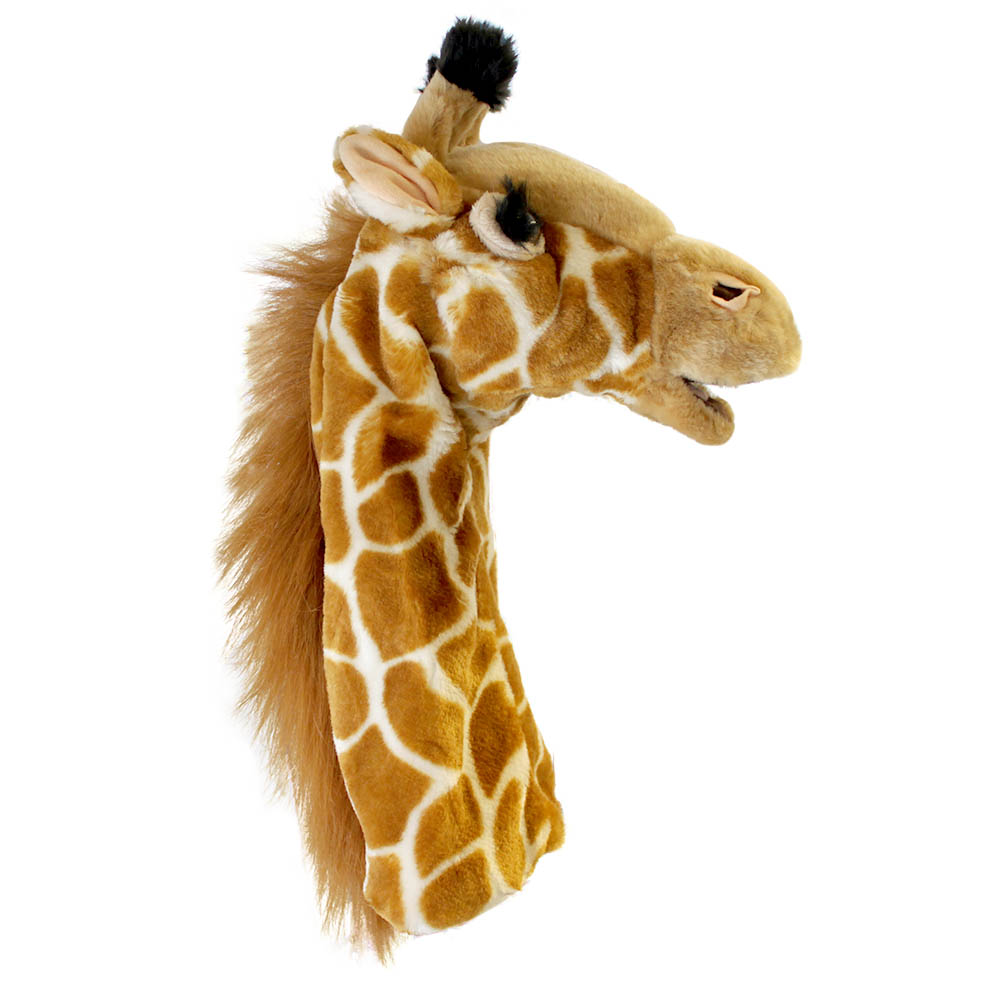The Puppet Company baby hand puppet giraffe, spotted giraffe puppet with a long mane, side view