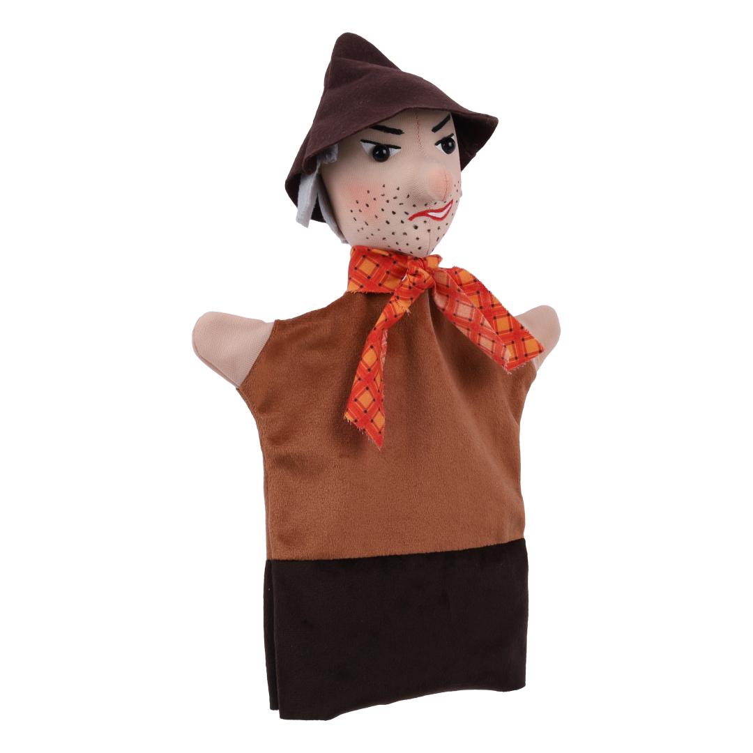 Robber hand puppet by munabo, turned slightly with a crooked grin and stubbled chin.