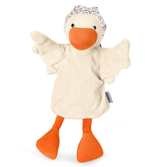 Sterntaler baby hand puppet goose, cream-coloured plumage, a floral cap and an orange beak
