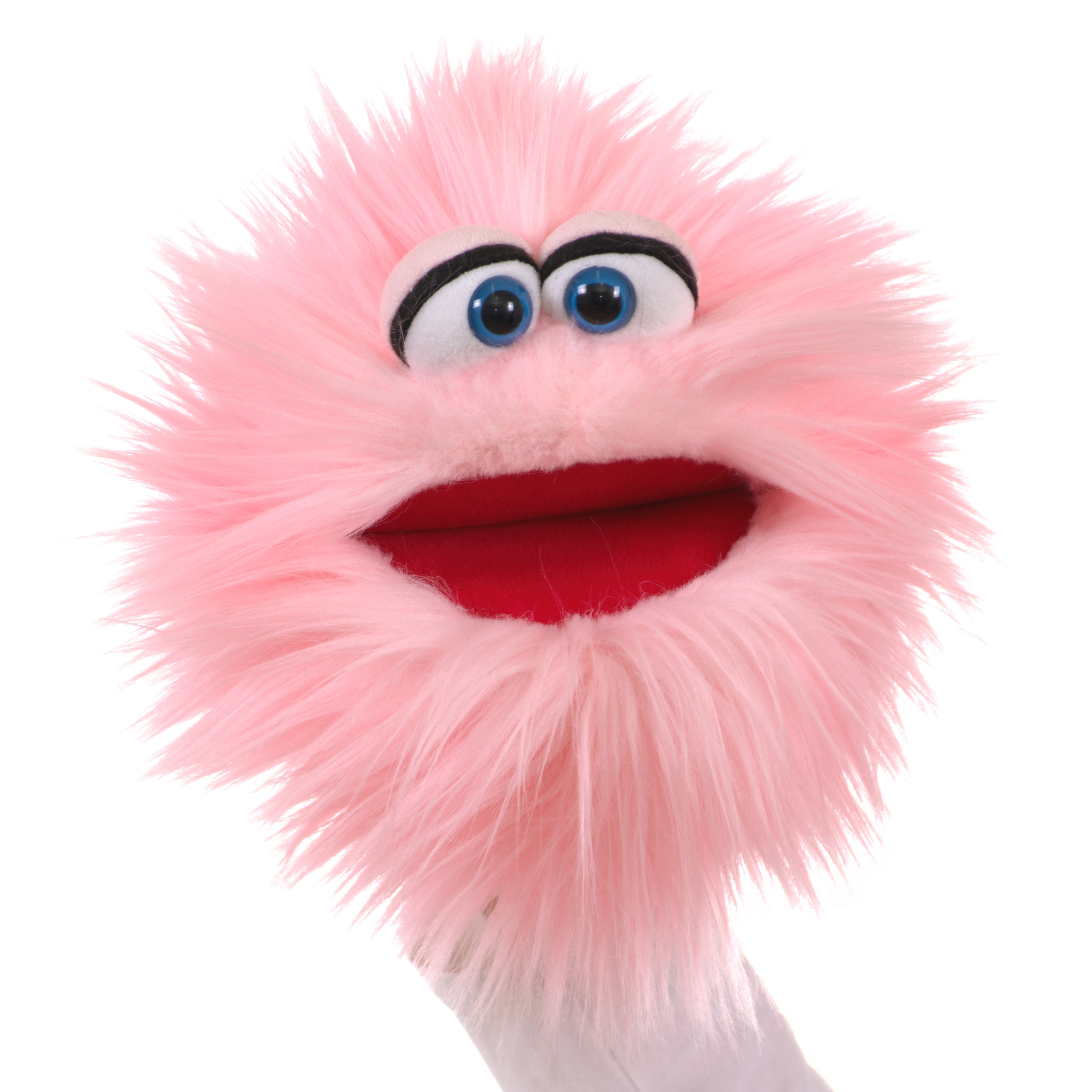 Living Puppets Handpuppe Plaudertante, rosa Zottelmonster mit blauen Augen und geöffnetem rotem Mund, leicht seitlich gedreht