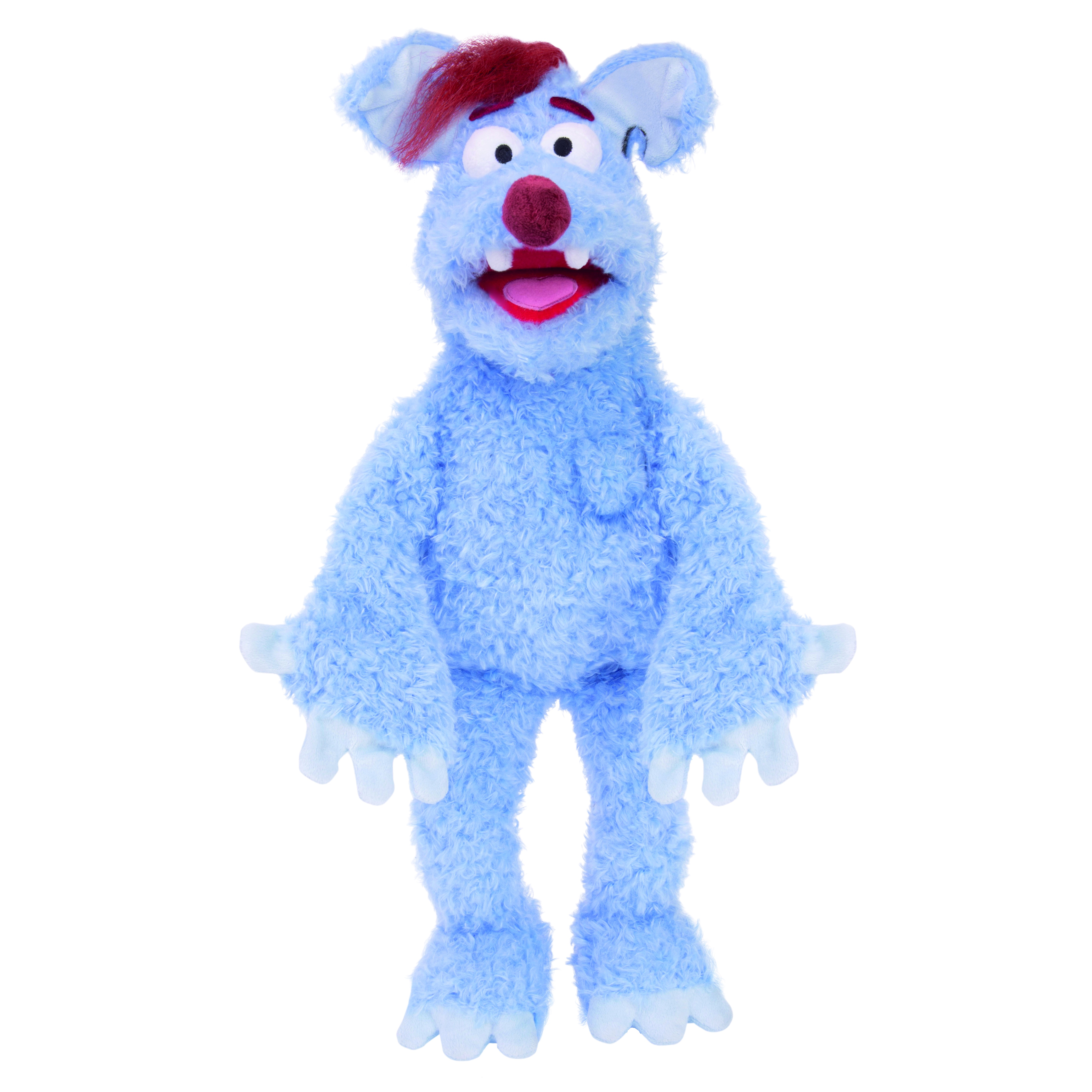 Living Puppets Handpuppe Woozle aus Woozle Goozle, hellblaues Fellwesen mit rotem Haarschopf, roter Nase und sichtbaren Zähnen, 60 cm, stehend