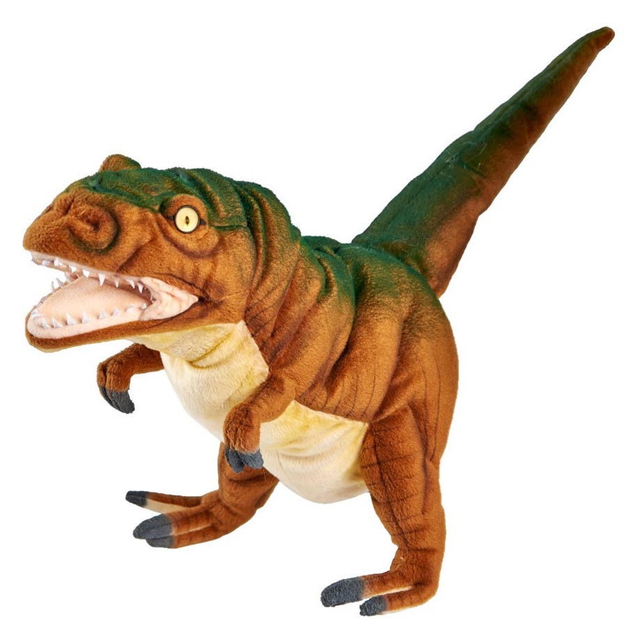 T-Rex Handpuppe von Hansa Creation in Braun-Grün mit geöffnetem Maul und weißen Zähnen