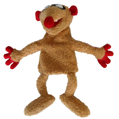 Heunec Handpuppe Erdmaennchen Henry, beige Plueschfigur mit ausgebreiteten Armen und roten Pfoten, Frontalansicht