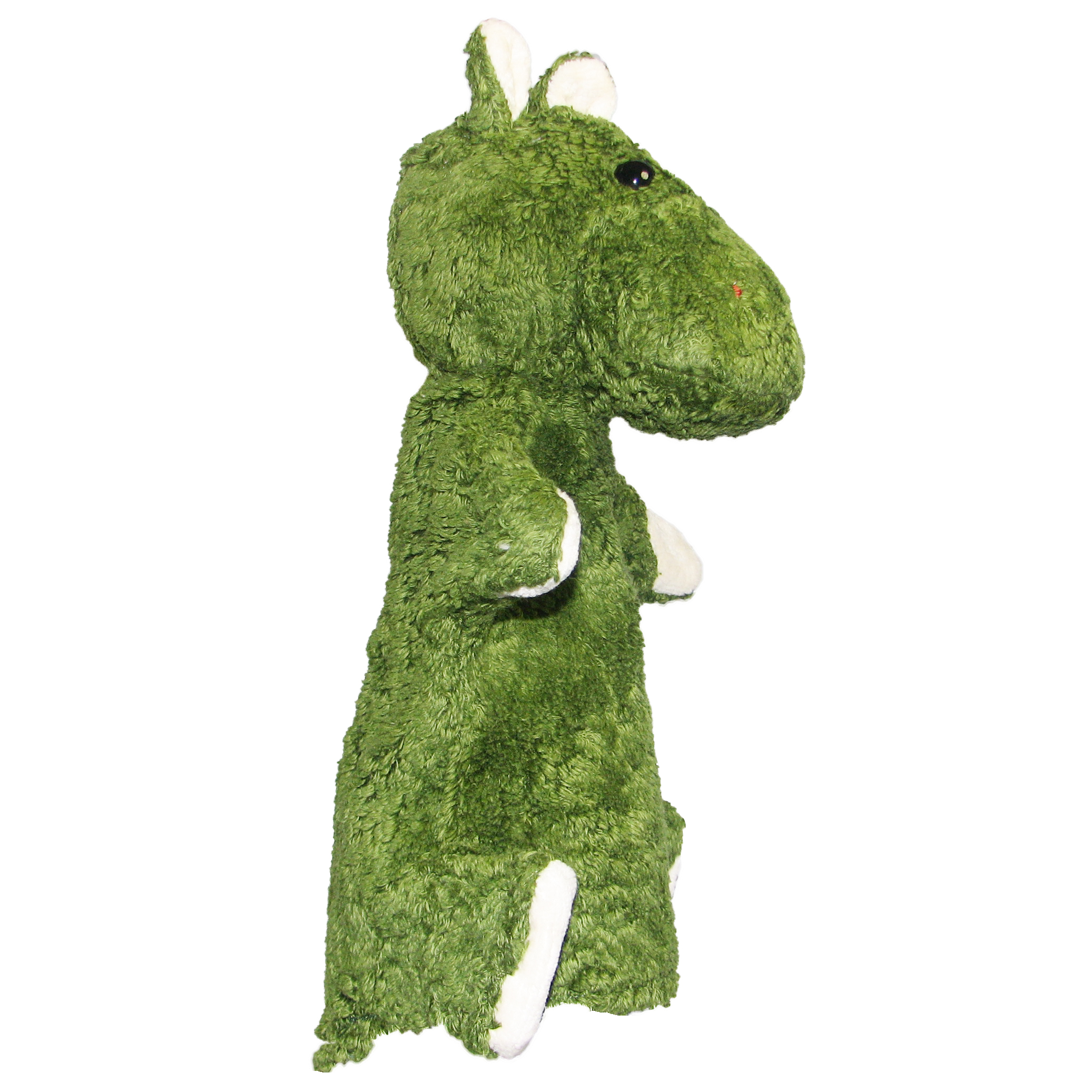 Kallisto Handpuppe Nilpferd grün Seitenansicht, grüne Handpuppe aus Naturmaterial mit cremefarbenen Pfoten und rundem Kopf
