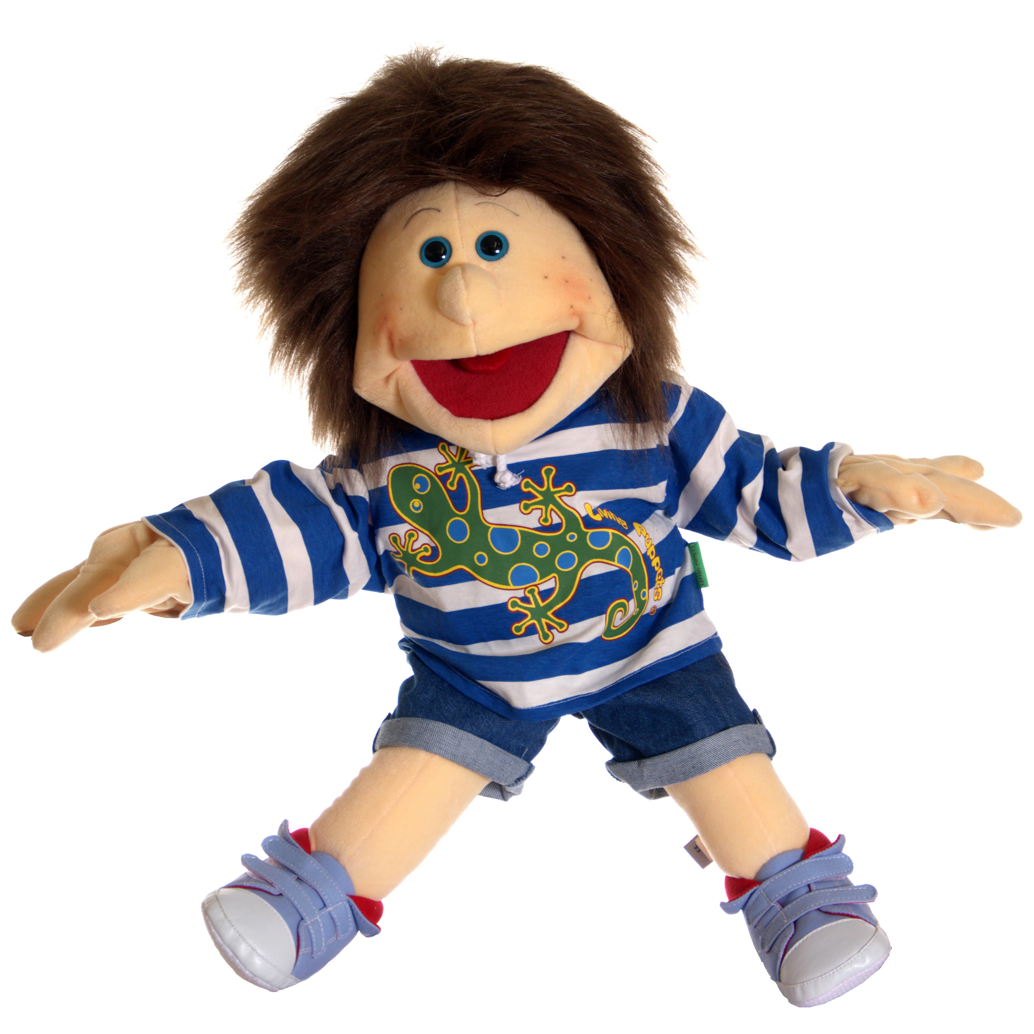 Living Puppets Handpuppe Jupp im Ringelshirt mit Gecko-Applikation und Jeans-Shorts